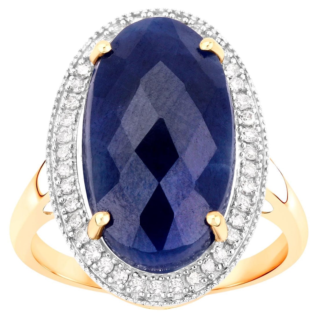 Deep Blue Rose Cut 10 Carat Sapphire Cocktail Ring Diamond Halo 14K Yellow Gold (1 of 4)