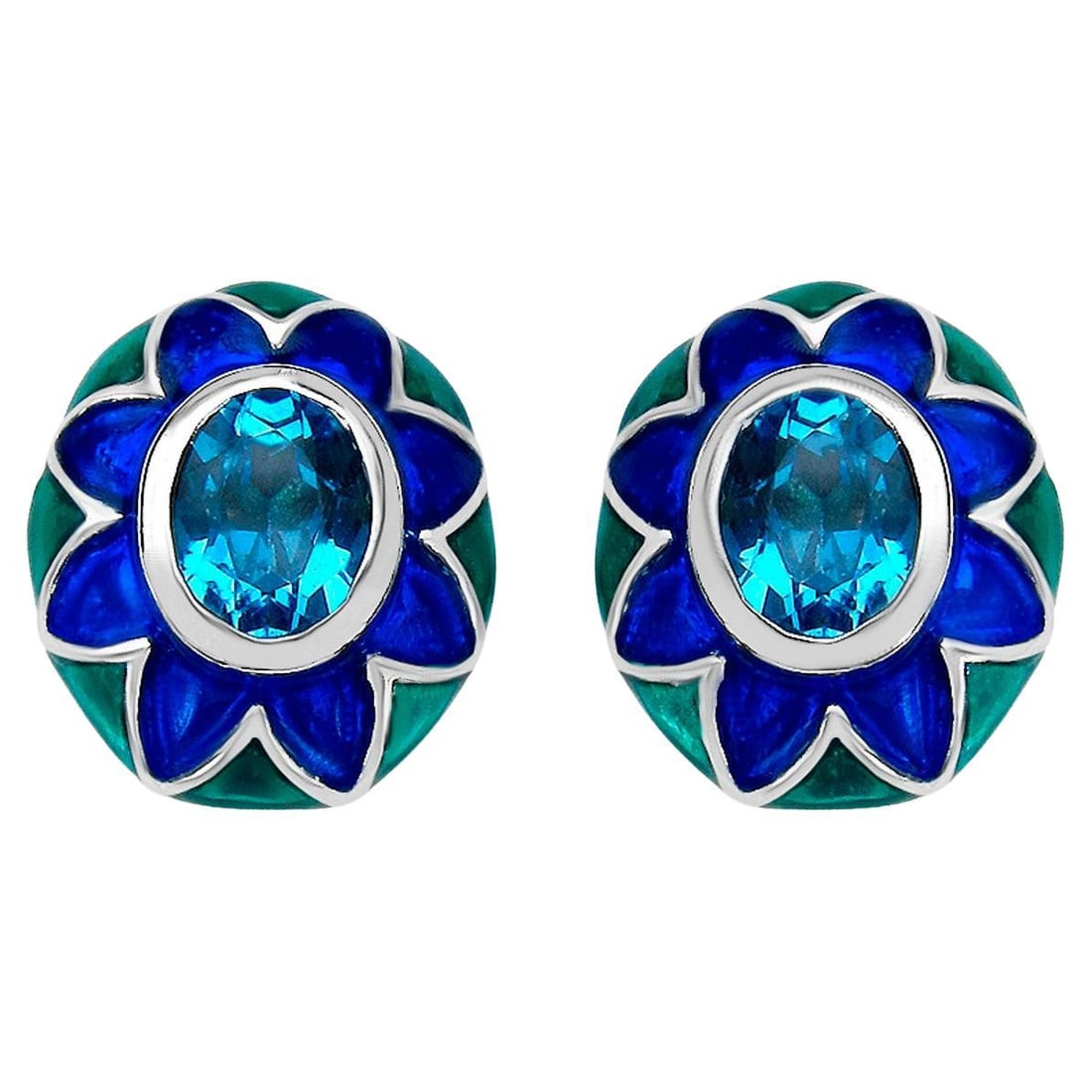 Swiss Blue Topaz Floral Enamel Earrings 3.2 Carats: Accompanied by Gemological Appraisal by GIA GG/AJP Appraised value: $600 All gemstones are natural in origin 2 Swiss Blue Topazes = 3.20 ct Enamel: Blue, Mint Metal: Rhodium Plated Sterling Silver Pos