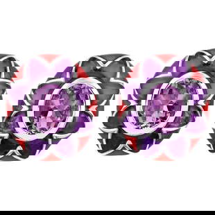 Natural Amethyst Floral Enamel Earrings 2.3 Carats: Accompanied by Gemological Appraisal by GIA GG/AJP Appraised value: $600 All gemstones are natural in origin 2 Amethysts = 2.30 ct Enamel: Purple, Red Metal: Rhodium Plated Sterling Silver Post With