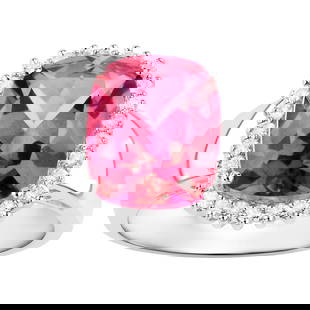 Hot Pink Topaz Ring White Topaz Halo 4.4 Carats: Accompanied by Gemological Appraisal by GIA GG/AJP Appraised value: $650 All gemstones are natural in origin Hot Pink Topaz = 4.12 ct 28 White Topazes = 0.28 ct Metal: Rhodium Plated Sterling Silver