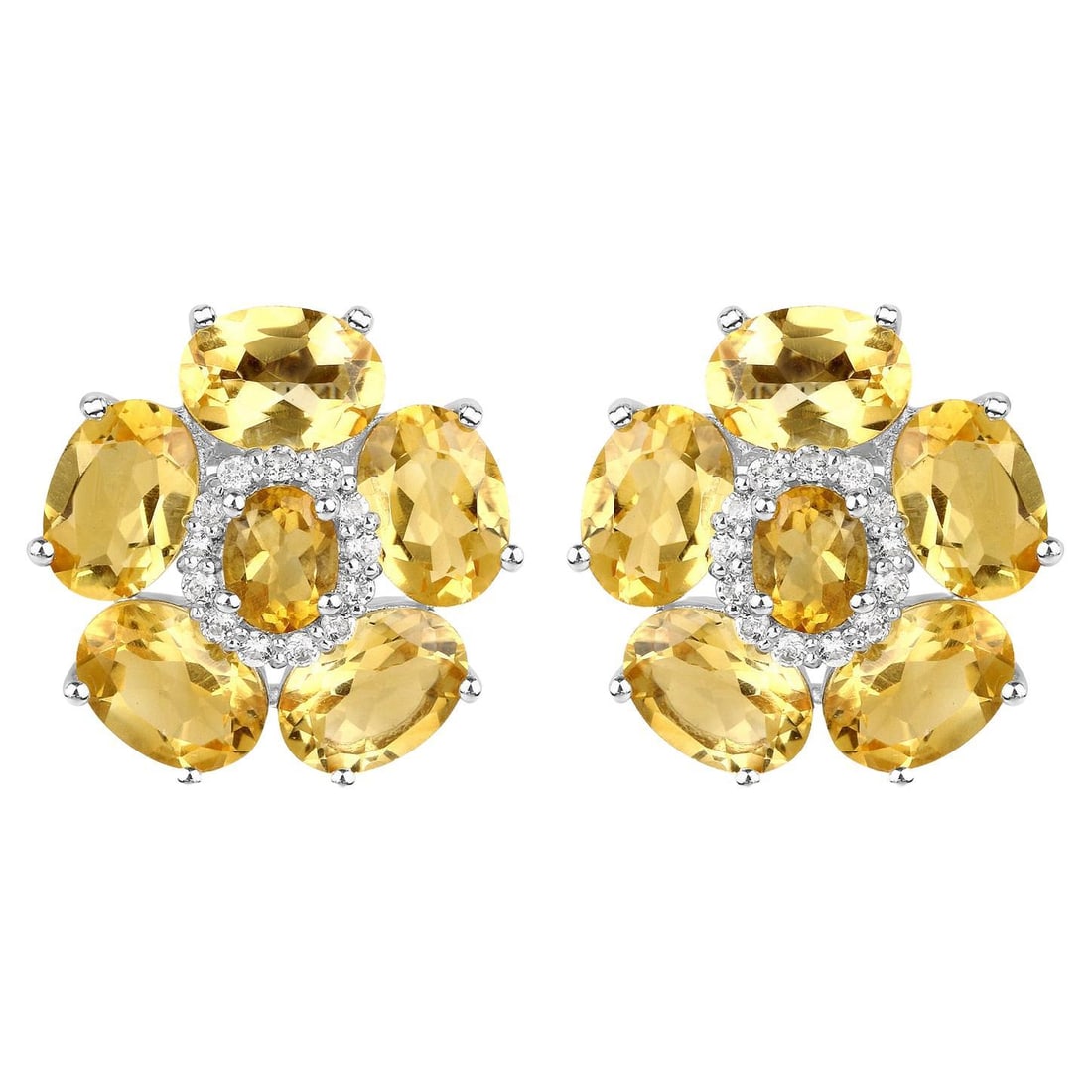 Natural Citrine and White Topaz Floral Earrings 8.9 Carats Total: Accompanied by Gemological Appraisal by GIA GG/AJP Appraised value: $720 All gemstones are natural in origin 12 Citrines = 8.66 ct 26 White Topaz = 0.26 ct Metal: 18K White Gold Plated Sterling Silver