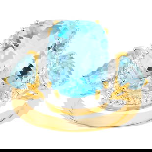Blue Topaz Cocktail Ring Diamond Halo 8.2 Carats Total 18K Yellow Gold Plated: Accompanied by Gemological Appraisal by GIA GG/AJP Appraised value: $800 All gemstones are natural in origin 3 Blue Topazes = 8.08 ct 48 Diamonds = 0.14 ct Metal: 18K Yellow Gold Plated Sterling Silve