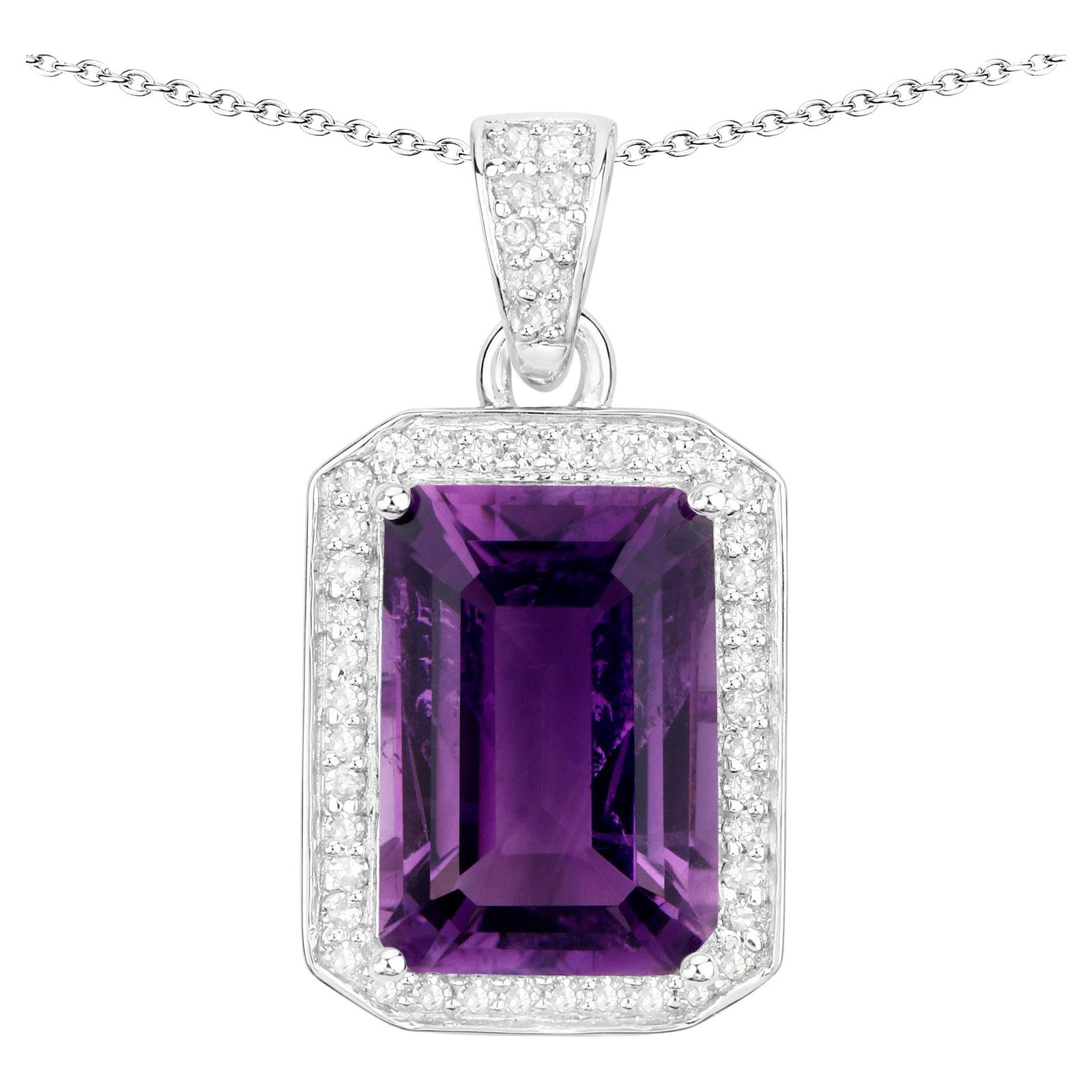 Amethyst Pendant Necklace Diamond Halo 5.34 Carats Sterling Silver (1 of 4)
