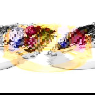 Multicolor Gemstones Ring Citrine Rhodolite Iolite 2.71 Carats 14K Gold Plated: Accompanied by Gemological Appraisal by GIA GG/AJP Appraised value: $560 All gemstones are natural in origin 5 Citrines = 0.95 ct 3 Rhodolites = 1.02 ct 3 Iolites = 0.74 ct Metal: 14K Yellow Gold Plat