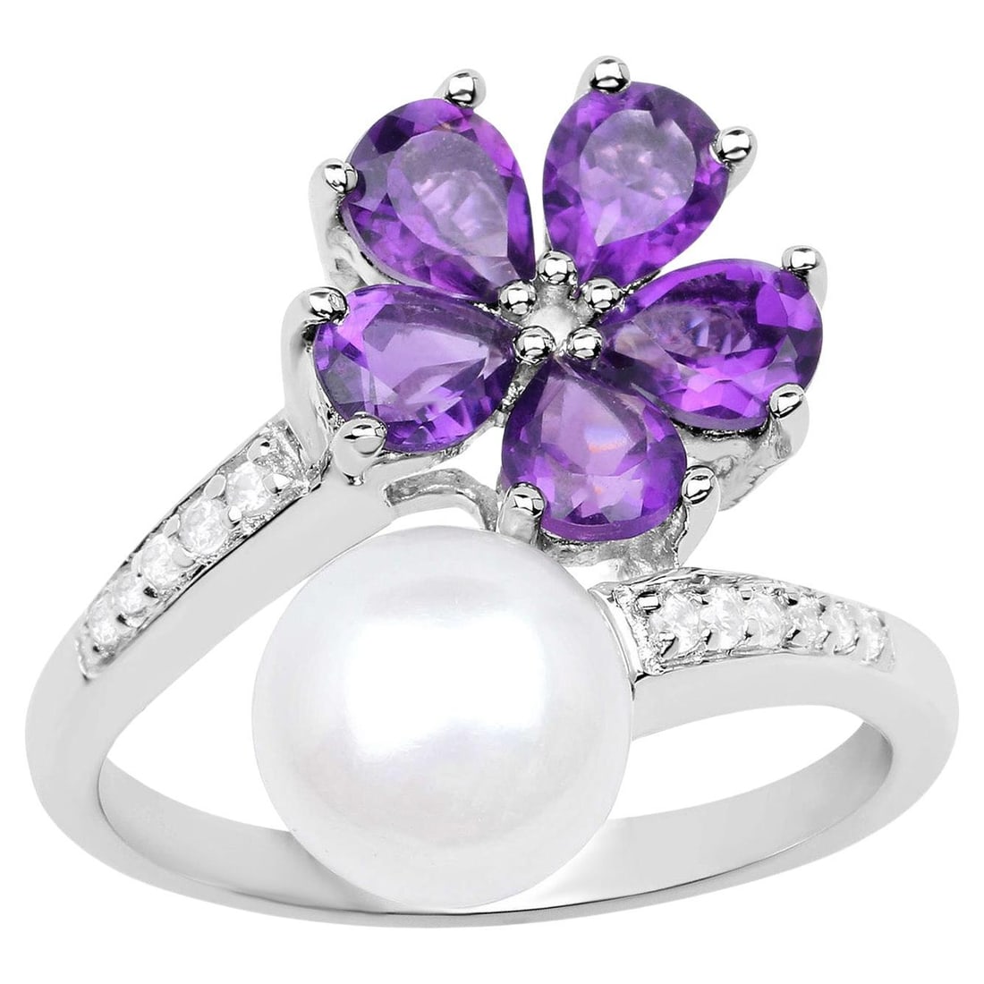 Amethyst and Pearl Bypass Flower Ring With White Zircons: Accompanied by Gemological Appraisal by GIA GG/AJP Appraised value: $540 Pearl = 8 Millimeters (Origin: Natural, Treatment: None) 5 Amethysts = 1.50 ct (Origin: Natural, Treatment: None) 11 White Zirc