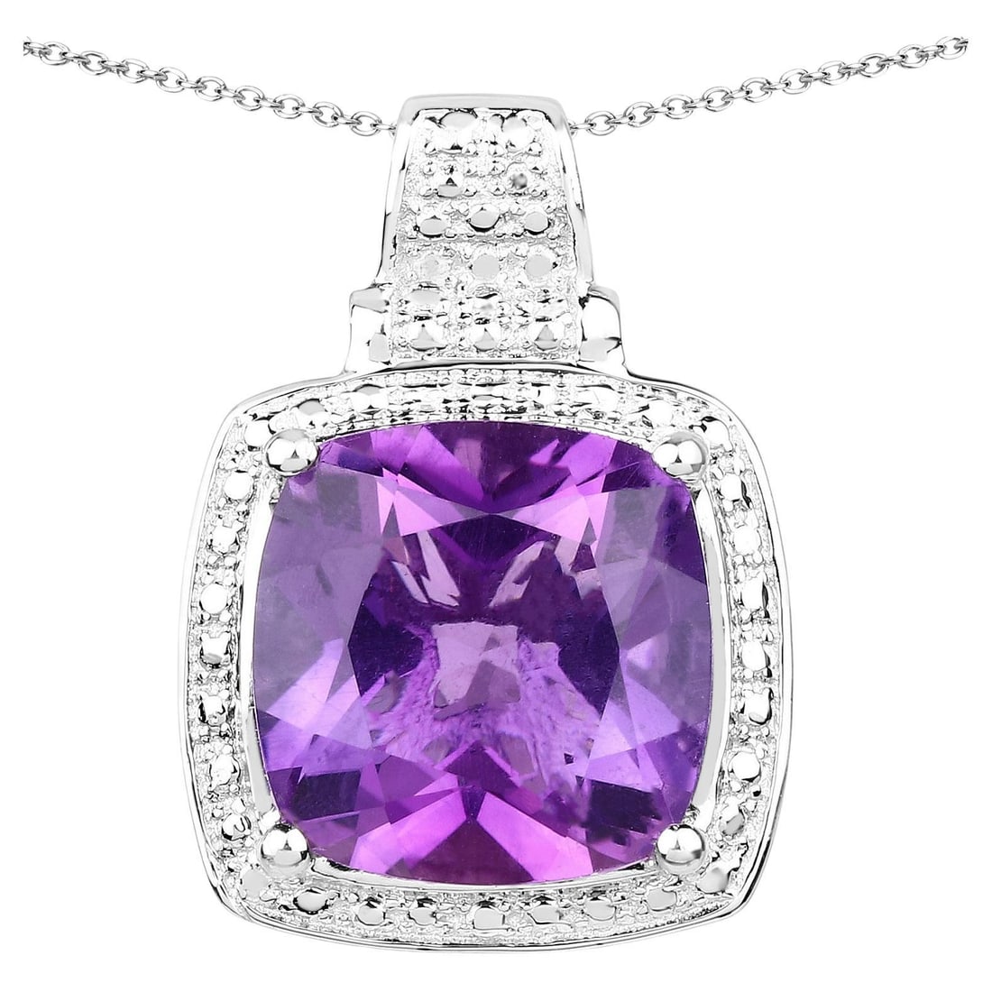 Amethyst Pendant Necklace 5.8 Carats Sterling Silver: Accompanied by Gemological Appraisal by GIA GG/AJP Appraised value: $600 All gemstones are natural in origin Amethyst = 5.80 ct Metal: Rhodium Plated Sterling Silver Pendant Dimensions: 27 x 17 mm Jew