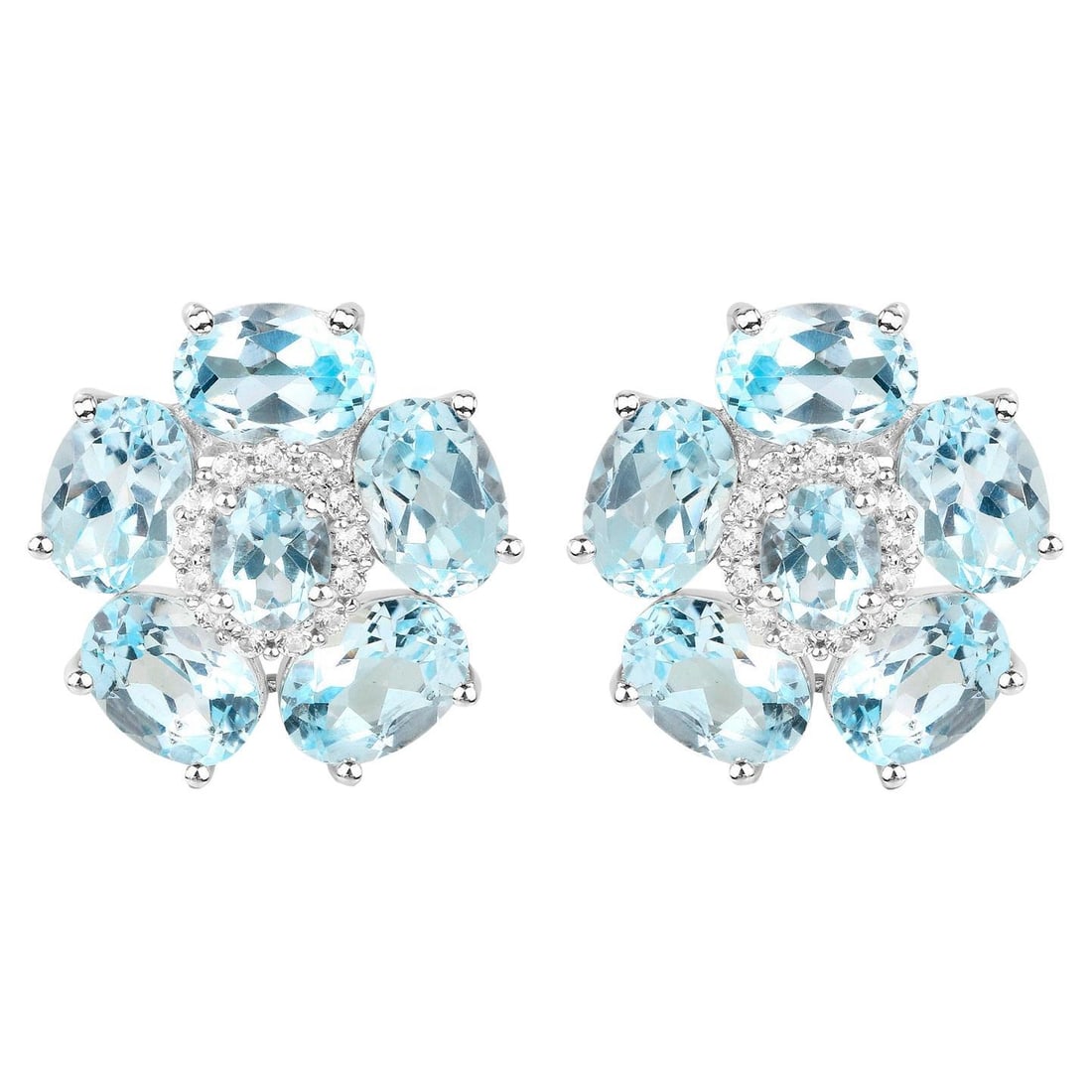 Blue Topaz Floral Earrings White Topaz 10.5 Carats 18K White Gold Plated Silver (1 of 7)