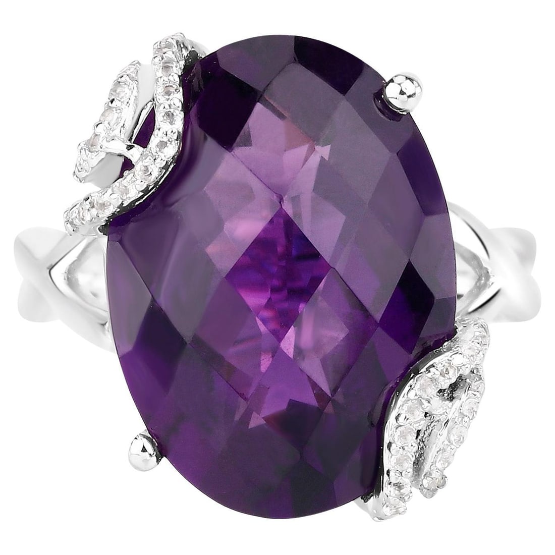 Rose Cut Amethyst Ring with White Topaz 10.43 Carats Sterling Silver (1 of 5)
