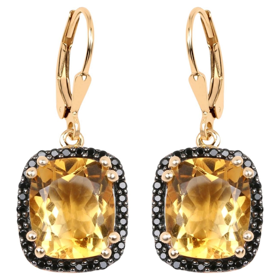 Citrine Dangle Earrings Black Spinel Halo 8.9 Carats 14K Yellow Gold Plated: Accompanied by Gemological Appraisal by GIA GG/AJP Appraised value: $700 All gemstones are natural in origin 2 Citrines = 8.00 ct 60 Black Spinels = 0.90 ct Metal: 14K Yellow Gold Plated Silver Lever