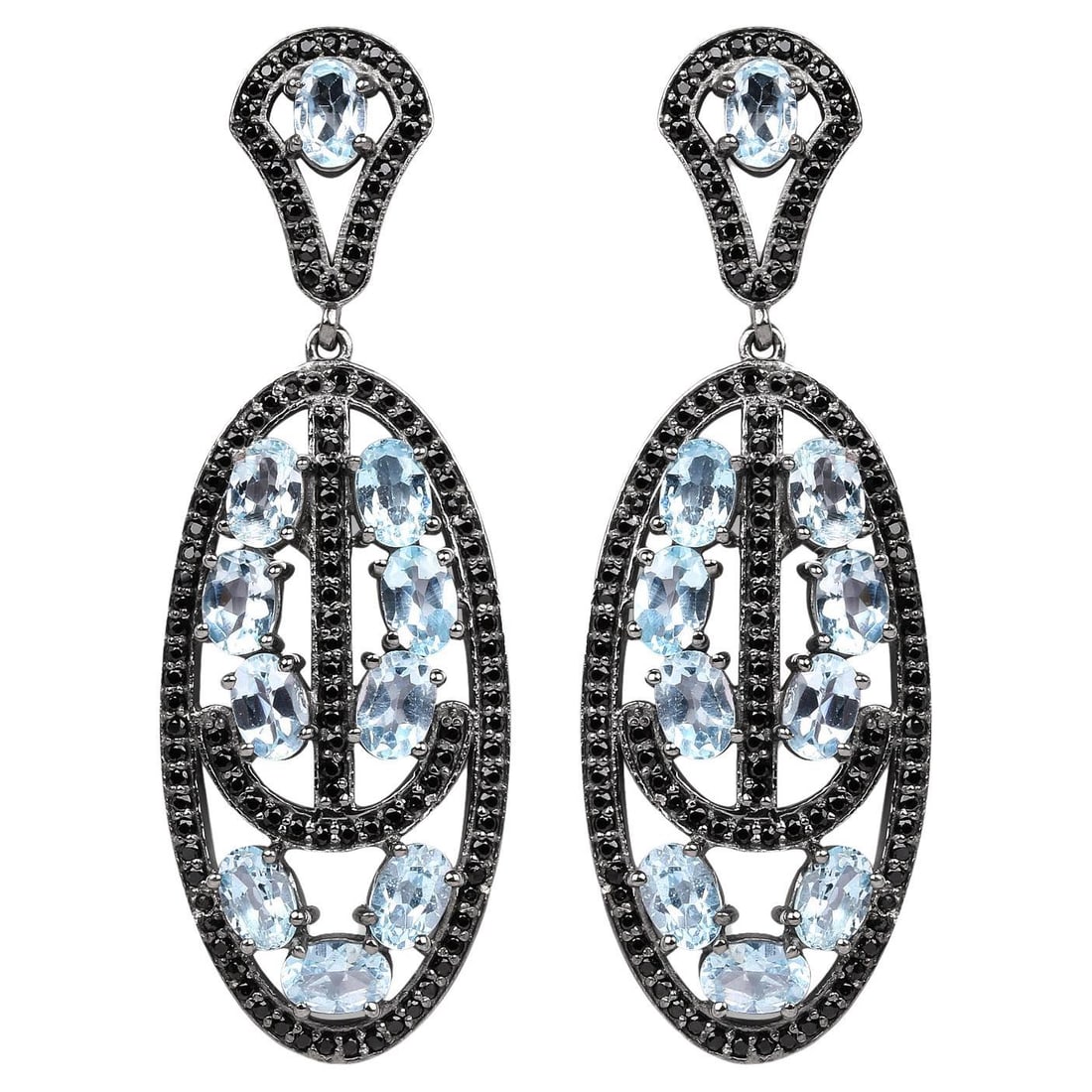 Blue Topaz Dangle Earrings With Black Spinels 13.9 Carats Rhodium Plated Silver: Accompanied by Gemological Appraisal by GIA GG/AJP Appraised value: $800 All gemstones are natural in origin 20 Blue Topazes = 11.20 ct 244 Black Spinels = 2.70 ct Metal: Rhodium Plated Sterling Silve