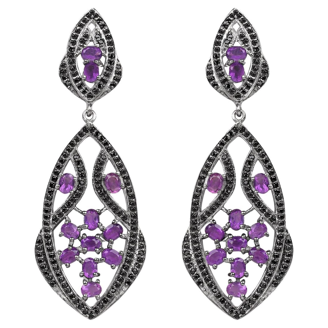 Amethyst Dangle Earrings With Black Spinels 5.74 Carats: Accompanied by Gemological Appraisal by GIA GG/AJP Appraised value: $800 All gemstones are natural in origin 24 Amethysts = 4.12 ct 294 Black Spinels = 1.62 ct Metal: Rhodium Plated Sterling Silver Di