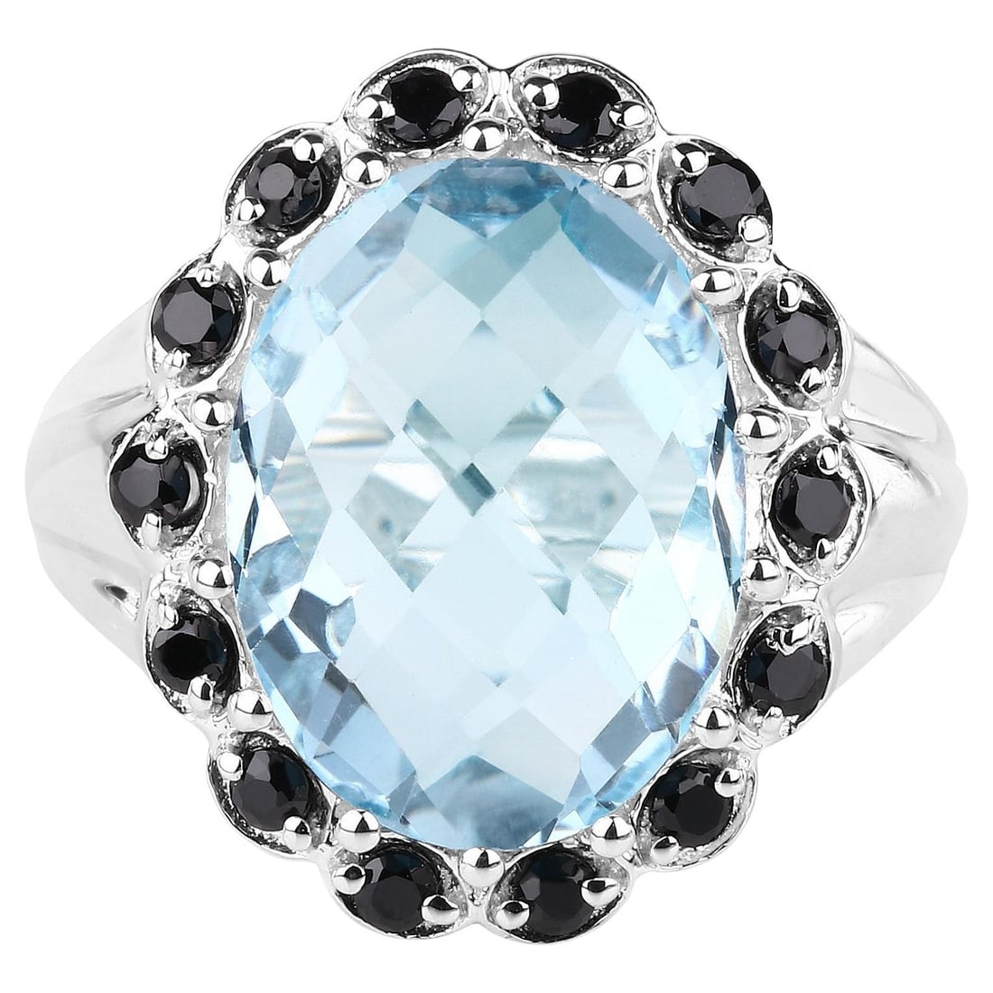 Blue Topaz Ring Black Spinel 12.4 Carats Sterling Silver: It comes with the Gemological Appraisal by GIA GG/AJP All gemstones are natural Blue Topaz = 11.90 Carats 14 Black Spinels = 0.54 Carats Metal: Rhodium Plated Sterling Silver Ring Size: 8 US Resizing