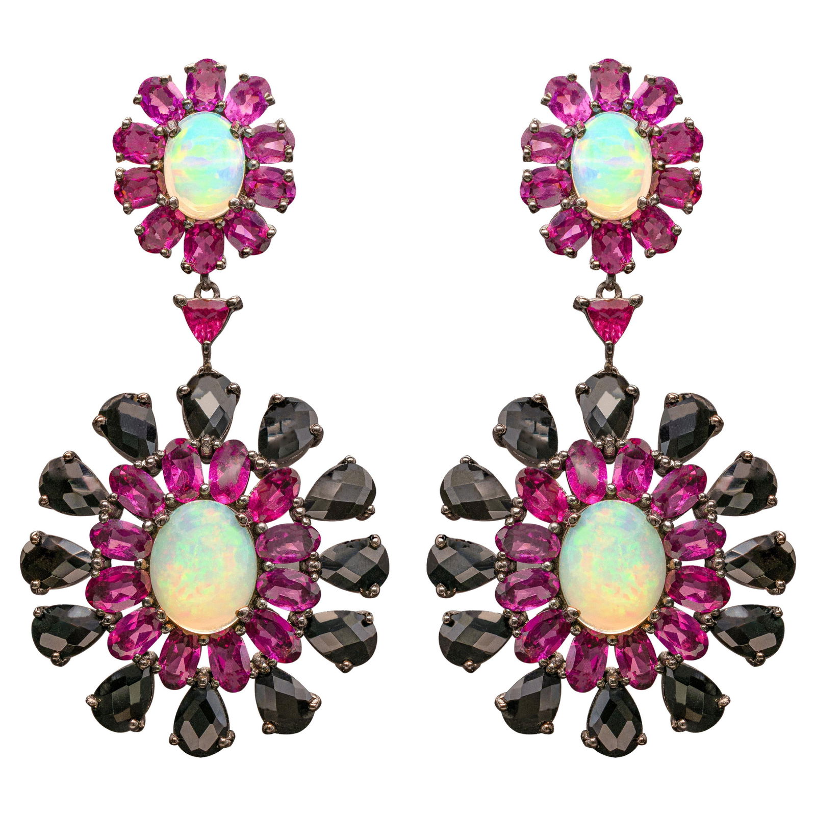 Ethiopian Opal Dangle Earrings Rhodolite and Black Spinel 29 Carats: Accompanied by Gemological Appraisal by GIA GG/AJP Appraised value: $1,200 All gemstones are natural in origin Ethiopian Opal = 4.92 ct Rhodolite = 11.25 ct Black Spinel = 13.20 ct Metal: Black Rhodiu