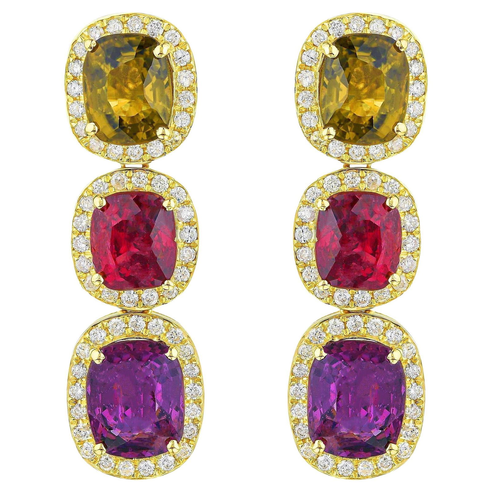 Rare Natural Multicolored Spinel Earrings Diamond Halo 8.50 Carats 18K Gold: Accompanied by Gemological Appraisal by GIA GG/AJP Appraised value: $3,800 All gemstones are natural in origin Multicolored Spinels = 7.90?ct Cut: Cushion Diamonds = 0.60 ct Cut: Round, Color: F-G, Cl