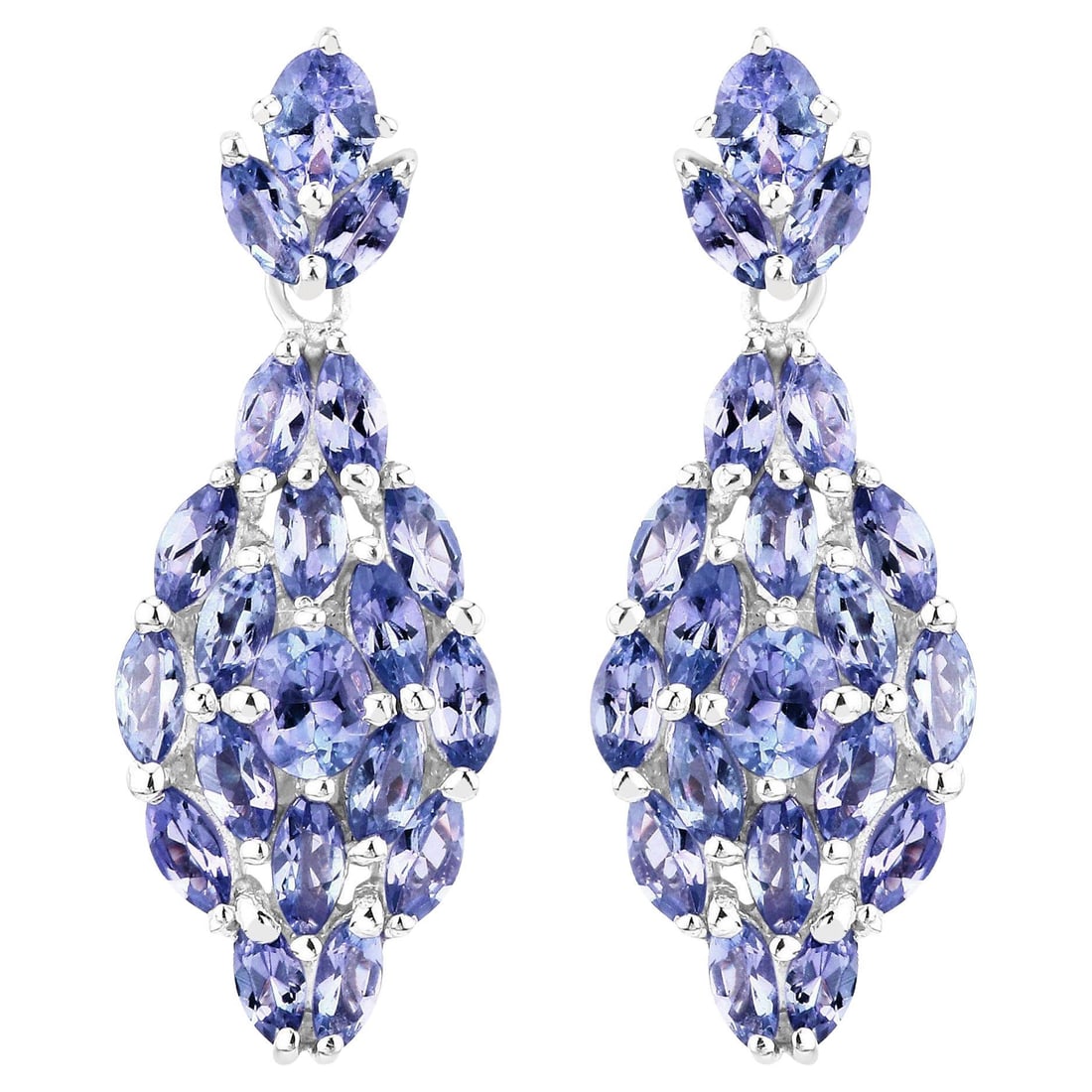 Tanzanite Cluster Earrings 3.55 Carats Sterling Silver: Accompanied by Gemological Appraisal by GIA GG/AJP Appraised value: $800 All gemstones are natural in origin 40 Tanzanites = 3.55 ct Cut: Marquise, Oval Metal: Rhodium Plated Sterling Silver Dimension