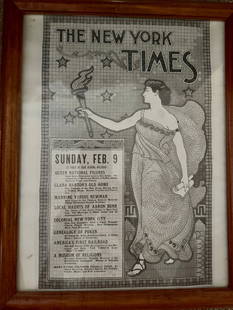 The New York Times 1895: Framed lithography reproduction of The New Your Times 9th edition for Sunday Feb, 9th, featuring the statue of liberty. By Liebler & Maass, NY