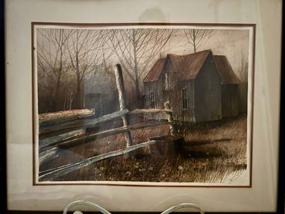 Old House: Framed drawing of old house signed by Donna Brass in 1973