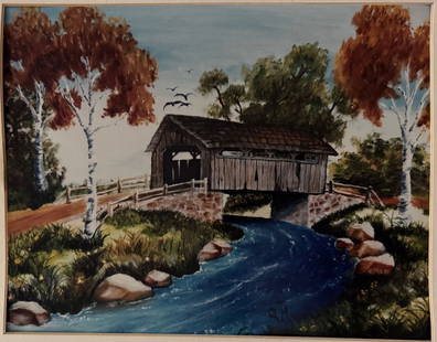 Covered Bridge: un-Framed print, signed Ron Heagy in 1996 of a covered bridge as the central focus,