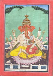 INDIAN MINIATURE PAINTING, BUNDI SCHOOL – RARE PORTRAIT OF LORD GANESHA: INDIAN MINIATURE PAINTING, BUNDI SCHOOL – RARE PORTRAIT OF LORD GANESHA A RARE AND HIGHLY COLLECTIBLE PORTRAIT OF LORD GANESHA FROM THE BUNDI SCHOOL, SHOWING THE DEITY IN A ROYAL AND SERENE POSTURE.