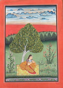 INDIAN MINIATURE PAINTING, KOTA SCHOOL – QUEEN UNDER A TREE IN PALACE GARDEN: INDIAN MINIATURE PAINTING, KOTA SCHOOL – QUEEN UNDER A TREE IN PALACE GARDEN A TRANQUIL SCENE FROM THE KOTA SCHOOL, SHOWING A ROYAL QUEEN SEATED BENEATH A TREE IN A GARDEN SETTING. THIS WORK REFLECT