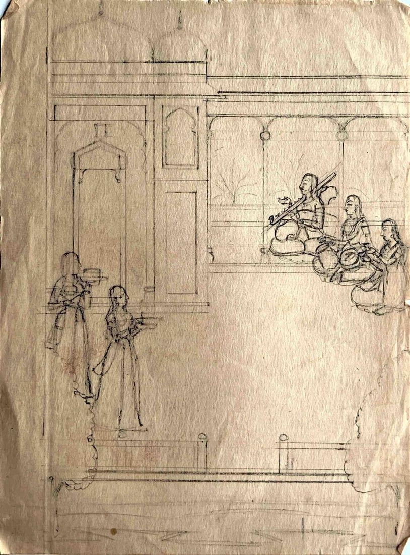 INDIAN MINIATURE PAINTING SKETCH – PALACE SCENE WITH SINGERS AND ATTENDANTS (BUNDI SCHOOL): INDIAN MINIATURE PAINTING SKETCH – PALACE SCENE WITH SINGERS AND ATTENDANTS (BUNDI SCHOOL) THIS VIBRANT MINIATURE SKETCH FROM THE BUNDI SCHOOL DEPICTS A ROYAL PALACE SCENE FEATURING SINGERS AND THEI