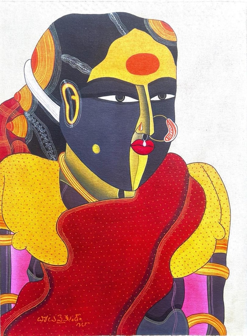 THOTA VAIKUNTAM (B. 1942) CONTEMPLATIVE WOMAN - ACRYLIC IN CANVAS: THOTA VAIKUNTAM (B. 1942)CONTEMPLATIVE WOMAN - ACRYLIC IN CANVAS THIS BOLD AND VIBRANT PORTRAIT BY ACCLAIMED TELUGU ARTIST THOTA VAIKUNTAM DEPICTS A RURAL SOUTH INDIAN WOMAN IN A STRIKING RED AND YELL