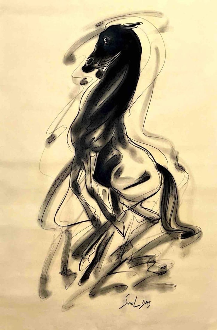 SUNIL DAS (1939 – 2015) HORSE IN FLUID MOTION: HORSE IN FLUID MOTION – SUNIL DAS THIS STRIKING CHARCOAL DRAWING BY LEGENDARY INDIAN MODERNIST SUNIL DAS (1939–2015) DEPICTS A HORSE IN A STATE OF GRACEFUL, ALMOST ETHEREAL MOVEMENT. KNOWN FOR HIS