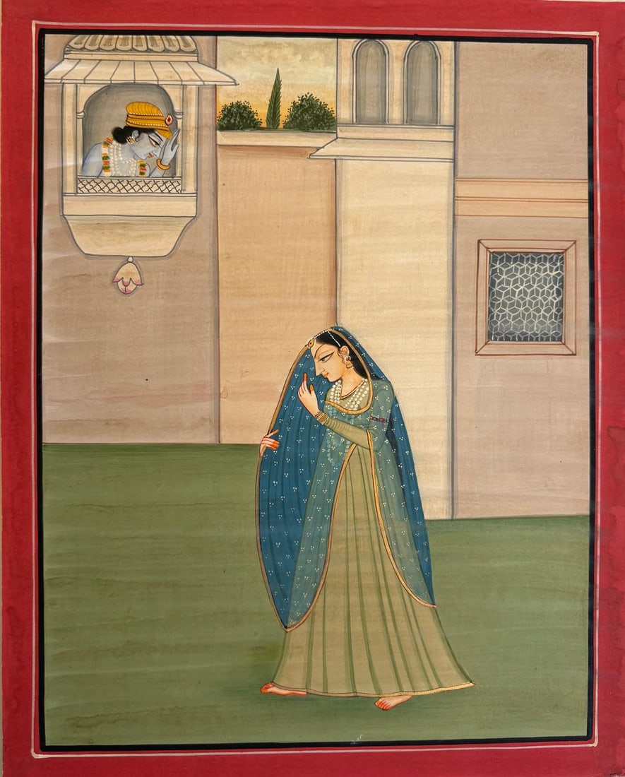 INDIAN PAHARI MINIATURE PAINTING – A SCENE FROM THE LIFE OF RADHA AND KRISHNA: INDIAN PAHARI MINIATURE PAINTING – A SCENE FROM THE LIFE OF RADHA AND KRISHNA THIS ELEGANT MINIATURE FROM THE PAHARI SCHOOL DEPICTS A ROMANTIC SCENE FROM THE LIFE OF RADHA AND KRISHNA, CHARACTERIZED