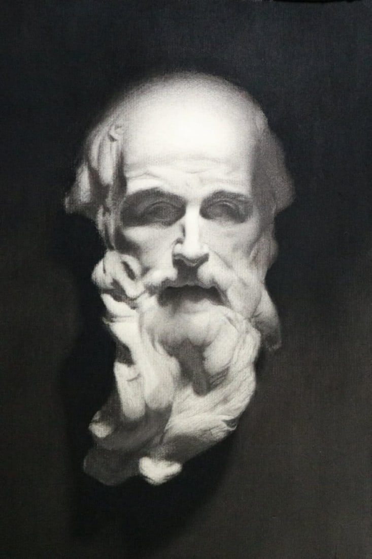 JORVIK - CHARCOAL ON PAPER. I 70 X 60 CM: JORVIK CHARCOAL ON PAPER. A CONTEMPLATIVE AND ATMOSPHERIC COMPOSITION, JORVIK CAPTURES THE QUIET INTENSITY OF A MAN IMMERSED IN THOUGHT. RENDERED WITH SUBTLE MASTERY IN CHARCOAL ON PAPER, THE PAINTING