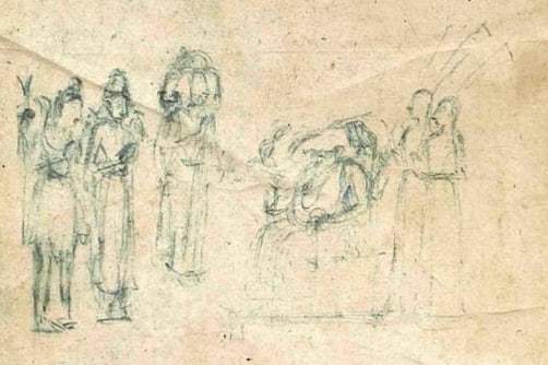 WORSHIP OF GANESHA BY BRAHMA, VISHNU, AND SHIVA – PAHADI SCHOOL, INDIAN MINIATURE PAINTING SKETCH (1 of 1)