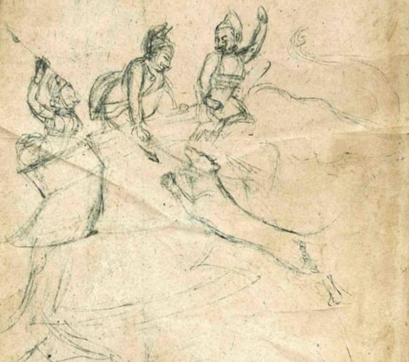 HUNTING SCENE – SIKH SCHOOL, INDIAN MINIATURE PAINTING SKETCH: HUNTING SCENE – SIKH SCHOOL, INDIAN MINIATURE PAINTING SKETCHTHIS DYNAMIC SKETCH FROM THE SIKH SCHOOL OF INDIAN MINIATURE PAINTING DEPICTS A VIBRANT HUNTING SCENE, A POPULAR THEME IN PUNJABI ARTISTI