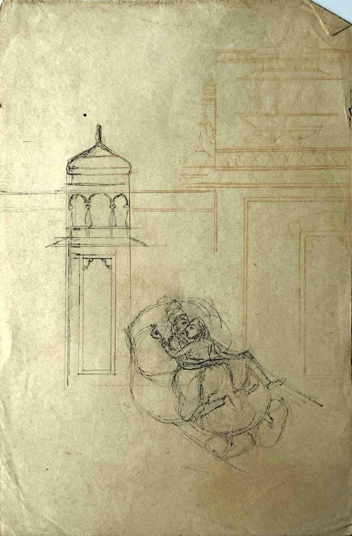 INTIMATE PALACE SCENE – KISHANGARH SCHOOL, INDIAN MINIATURE PAINTING SKETCH: INTIMATE PALACE SCENE – KISHANGARH SCHOOL, INDIAN MINIATURE PAINTING SKETCHTHIS SENSITIVE AND REFINED SKETCH FROM THE KISHANGARH SCHOOL OF INDIAN MINIATURE PAINTING DEPICTS AN INTIMATE MOMENT