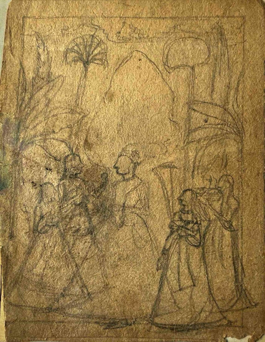 KING WITHIN THE HAREMGADH – KISHANGARH SCHOOL, INDIAN MINIATURE PAINTING SKETCH: KING WITHIN THE HAREMGADH – KISHANGARH SCHOOL, INDIAN MINIATURE PAINTING SKETCHTHIS REGAL SKETCH FROM THE KISHANGARH SCHOOL OF INDIAN MINIATURE PAINTING PORTRAYS A KING AMIDST THE HAREMGADH, OFFERIN