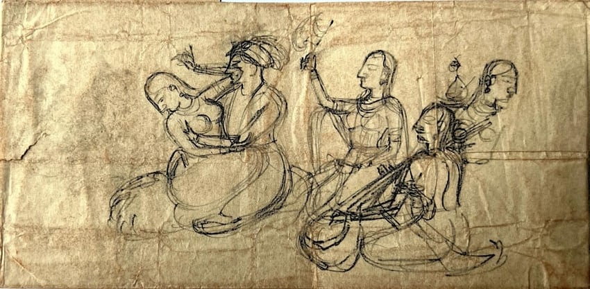 KING IN ROYAL HAREM – KISHANGARH SCHOOL, INDIAN MINIATURE PAINTING SKETCH: KING IN ROYAL HAREM – KISHANGARH SCHOOL, INDIAN MINIATURE PAINTING SKETCHTHIS DELICATE SKETCH FROM THE KISHANGARH SCHOOL DEPICTS A KING IN HIS ROYAL HAREM, SURROUNDED BY LADIES OF THE COURT IN AN
