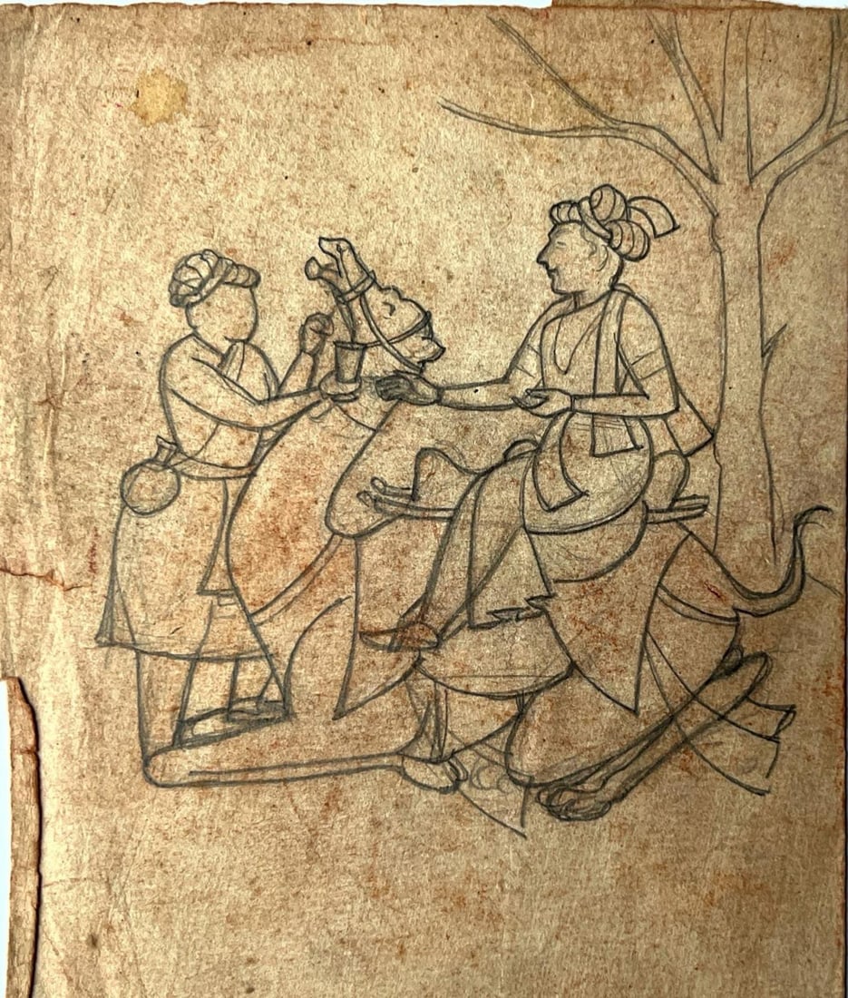 KING UNDER TREE BEING OFFERED WATER – JODHPUR SCHOOL, INDIAN MINIATURE PAINTING SKETCH (1 of 1)