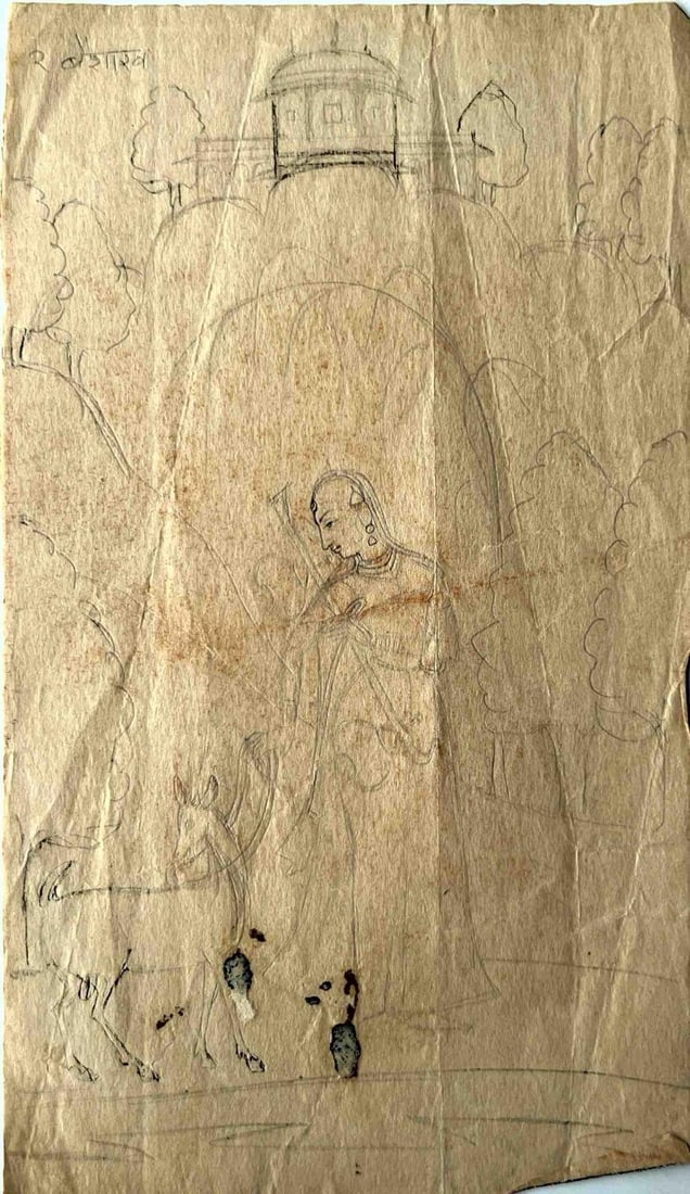 WOMEN SAINTS CARRYING A VEENA ALONG WITH A DEER – BUNDI SCHOOL, INDIAN MINIATURE PAINTING SKETCH (1 of 1)