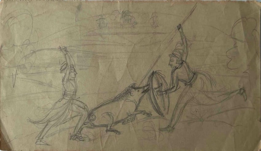 HUNTING SCENE – KISHANGARH SCHOOL, INDIAN MINIATURE PAINTING SKETCH: HUNTING SCENE – KISHANGARH SCHOOL, INDIAN MINIATURE PAINTING SKETCHTHIS DYNAMIC SKETCH FROM THE KISHANGARH SCHOOL DEPICTS A HUNTING SCENE, SHOWCASING THE VIGOR AND ROYAL SPLENDOR OF RAJASTHANI COURT