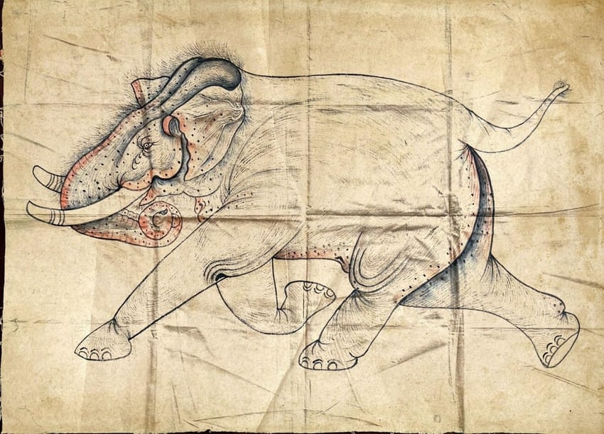 CHARGING ROYAL ELEPHANT ON CLOTH – KOTA SCHOOL, INDIAN MINIATURE PAINTING: CHARGING ROYAL ELEPHANT ON CLOTH – KOTA SCHOOL, INDIAN MINIATURE PAINTINGTHIS VIBRANT PAINTING FROM THE KOTA SCHOOL DEPICTS A CHARGING ROYAL ELEPHANT, SYMBOLIZING STRENGTH AND REGAL POWER. PAINTED