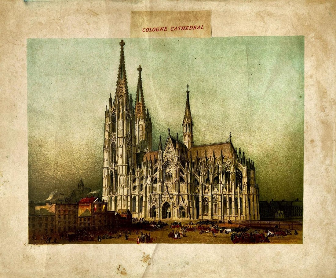 19TH CENTURY LITHOGRAPH OF COLOGNE CATHEDRAL: 19TH CENTURY LITHOGRAPH OF COLOGNE CATHEDRALTHIS DETAILED LITHOGRAPH FROM THE 19TH CENTURY DEPICTS THE COLOGNE CATHEDRAL, A MASTERPIECE OF GOTHIC ARCHITECTURE LOCATED IN GERMANY. THE PRINT SHOWCASES