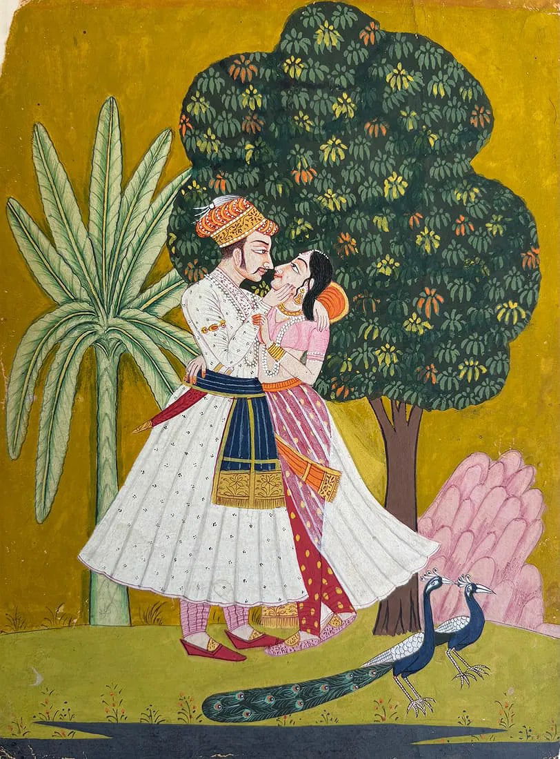INDIAN KOTA SCHOOL MINIATURE PAINTING OF A ROYAL COUPLE: INDIAN KOTA SCHOOL MINIATURE PAINTING OF A ROYAL COUPLE THIS BEAUTIFUL MINIATURE FROM THE KOTA SCHOOL DEPICTS A ROYAL COUPLE IN AN INTIMATE EMBRACE, SYMBOLIZING LOVE, ROMANCE, AND COURTLY ELEGANCE.