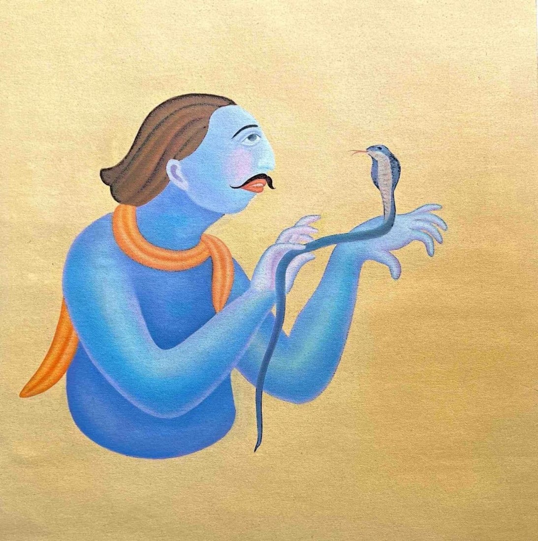 MANJIT BAWA (1941 – 2008) MAN AND SERPENT IN DIALOGUE OIL ON CANVAS: MANJIT BAWA (1941 – 2008) MAN AND SERPENT IN DIALOGUE OIL ON CANVAS A STYLIZED BLUE FIGURE ENGAGES IN A MYSTICAL EXCHANGE WITH A COBRA, THEIR GAZES LOCKED IN SILENT COMMUNICATION. THE MINIMALIST