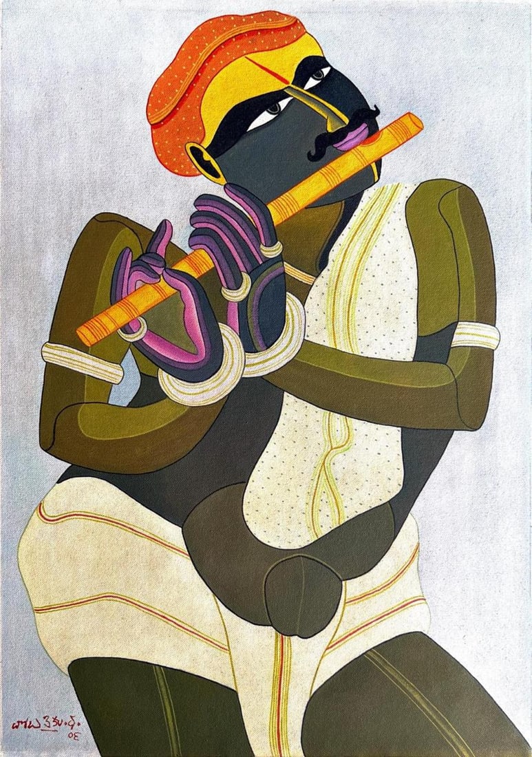 THOTA VAIKUNTAM (B 1942) FLUTE PLAYER IN DIVINE RHYTHM ACRYLIC ON PAPER: THOTA VAIKUNTAM (B 1942) FLUTE PLAYER IN DIVINE RHYTHM ACRYLIC ON PAPER A VIBRANT AND STYLIZED PORTRAIT OF A FIGURE PLAYING THE FLUTE, POSSIBLY INSPIRED BY LORD KRISHNA. THE COMPOSITION IS