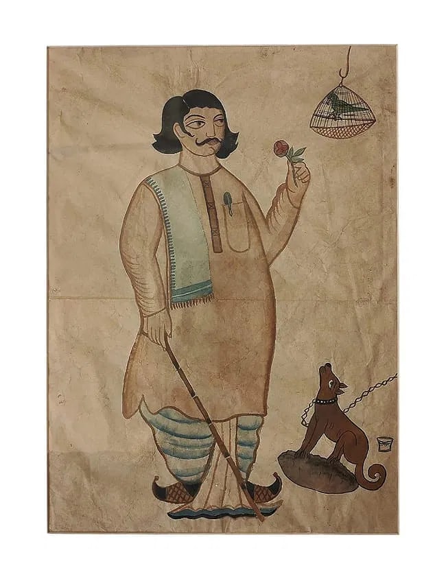 RARE KALIGHAT PAT PAINTING – A BENGALI BABU WITH ROSE, DOG AND BIRD IN CAGE: RARE KALIGHAT PAT PAINTING – A BENGALI BABU WITH ROSE, DOG AND BIRD IN CAGE THIS EXCEPTIONAL KALIGHAT PAT DEPICTS A STYLIZED BENGALI BABU – A QUINTESSENTIAL URBAN ELITE FIGURE – STANDING