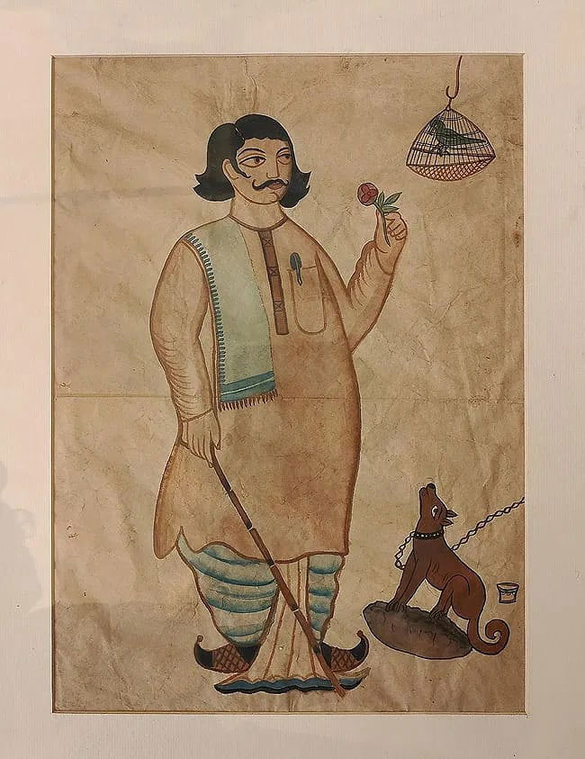 RARE KALIGHAT PAT PAINTING – A BENGALI BABU WITH ROSE, DOG AND BIRD IN CAGE - 2