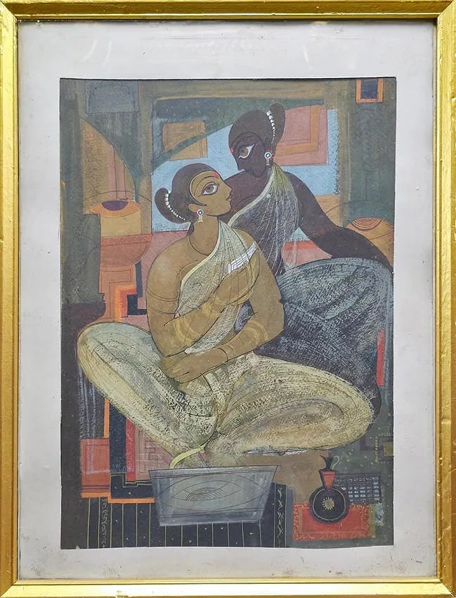 RARE MID-20TH CENTURY INDIAN MODERNIST PAINTING – FEMININE DOMESTIC PORTRAIT – FRAMED: RARE MID-20TH CENTURY INDIAN MODERNIST PAINTING – FEMININE DOMESTIC PORTRAIT – FRAMED A STUNNING EXAMPLE OF INDIAN MODERNIST FIGURATIVE ART, THIS ORIGINAL HAND-PAINTED WORK DEPICTS TWO WOMEN IN A