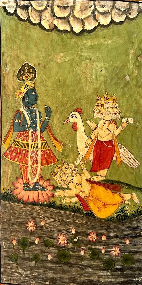 BRAHMA BOWING TO VISHNU – A TRADITIONAL INDIAN MYTHOLOGICAL MINIATURE PAINTING (1 of 1)
