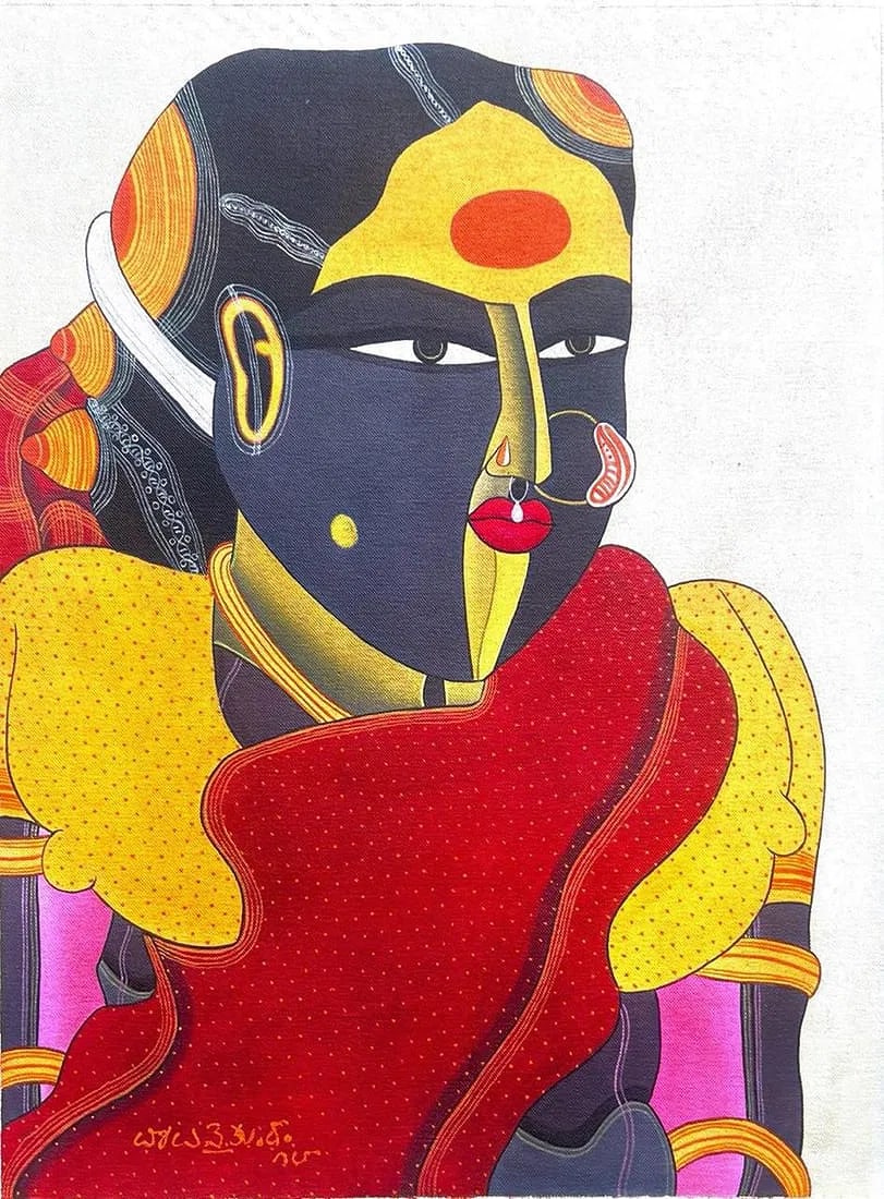 THOTA VAIKUNTAM (B. 1942)CONTEMPLATIVE WOMAN - ACRYLIC IN CANVAS: THOTA VAIKUNTAM (B. 1942)CONTEMPLATIVE WOMAN - ACRYLIC IN CANVAS THIS BOLD AND VIBRANT PORTRAIT BY ACCLAIMED TELUGU ARTIST THOTA VAIKUNTAM DEPICTS A RURAL SOUTH INDIAN WOMAN IN A STRIKING RED AND