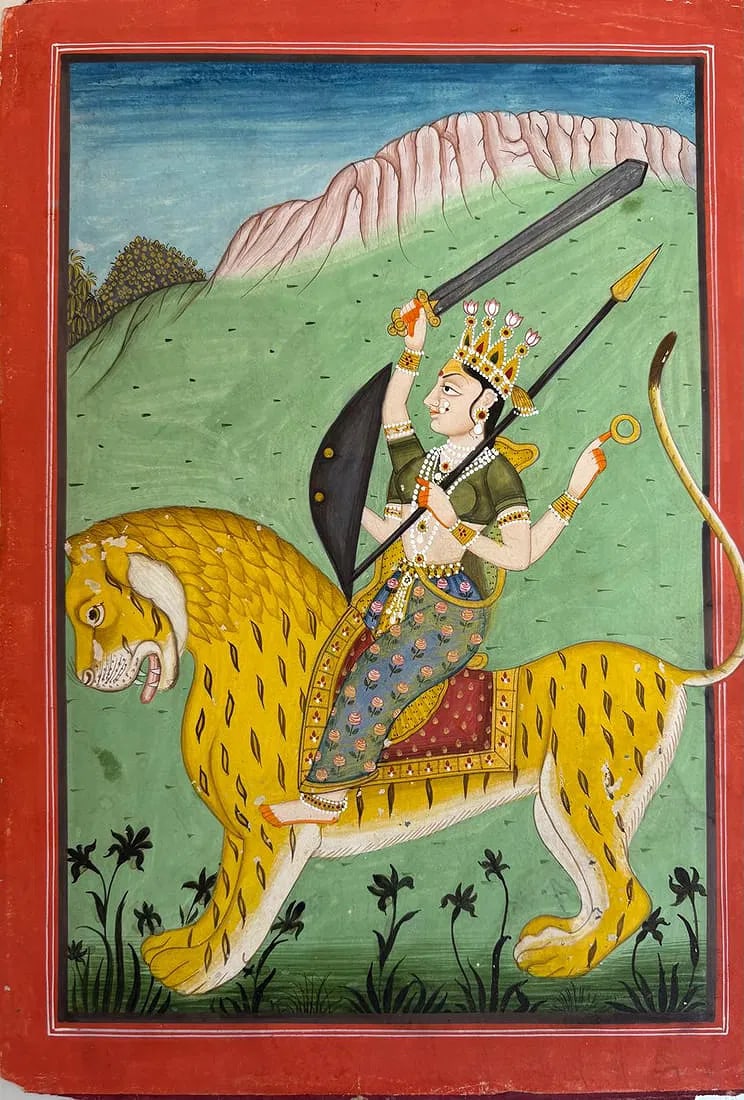 INDIAN PAHARI SCHOOL MINIATURE PAINTING FROM DEVI SERIES – GODDESS DURGA RIDING ON A LION: INDIAN PAHARI SCHOOL MINIATURE PAINTING FROM DEVI SERIES – GODDESS DURGA RIDING ON A LION THIS STRIKING MINIATURE FROM THE PAHARI SCHOOL DEPICTS THE DIVINE GODDESS DURGA IN HER MAJESTIC FORM,