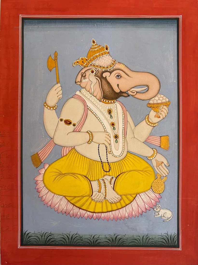 INDIAN BUNDI SCHOOL MINIATURE PAINTING OF A SEATED LORD GANESHA: INDIAN BUNDI SCHOOL MINIATURE PAINTING OF A SEATED LORD GANESHA THIS FINE MINIATURE FROM THE BUNDI SCHOOL DEPICTS LORD GANESHA, THE ELEPHANT-HEADED REMOVER OF OBSTACLES AND GOD OF WISDOM, SEATED