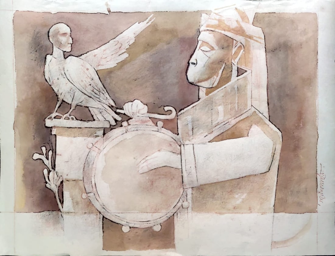 GANESH PYNE (1937–2013) WATERCOLOUR ON PAPER THE TIMEKEEPER AND THE BIRD (1 of 1)